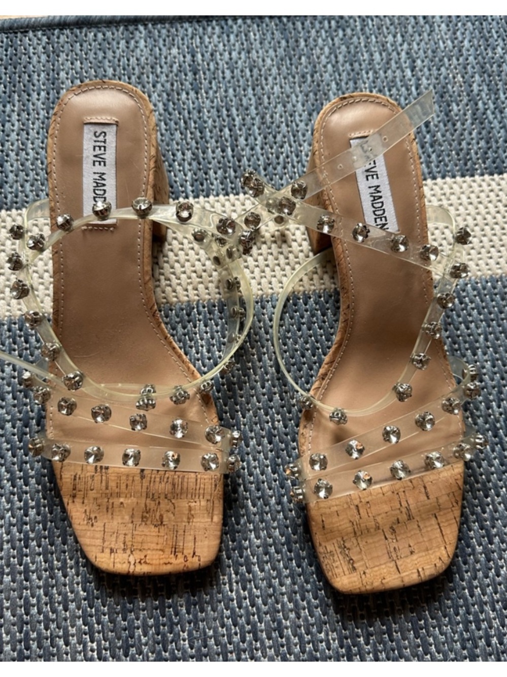 Steve Madden Clear Crystal Cork Square-Toe Slide Sandals